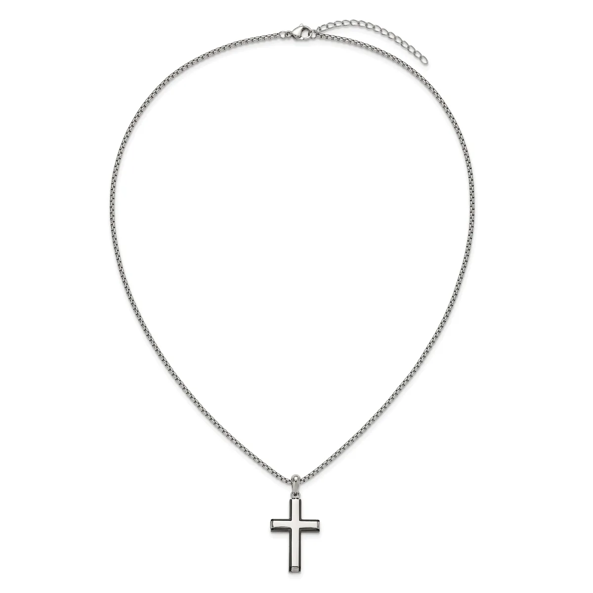 Silver-toned chain necklace with an adjustable length and a polished cross pendant hanging from the center.