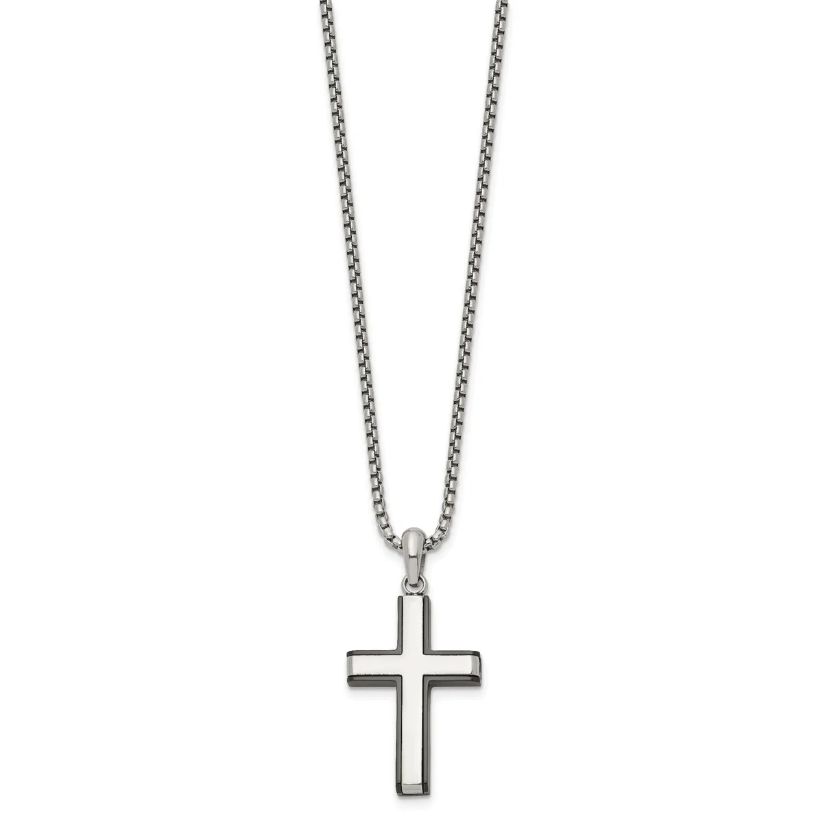 Silver-toned stainless steel cross pendant on a matching box chain necklace, displayed against a white background.