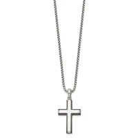 Silver-toned stainless steel cross pendant on a matching box chain necklace, displayed against a white background.