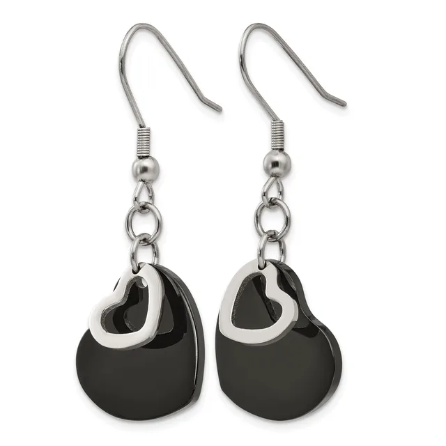 A pair of stainless steel fish hook earrings with black and silver teardrop-shaped pendants hanging from chain links.