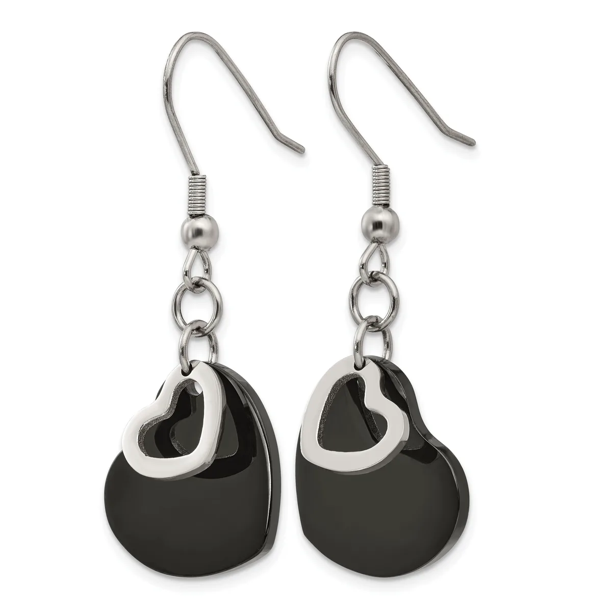 A pair of stainless steel fish hook earrings with black and silver teardrop-shaped pendants hanging from chain links.