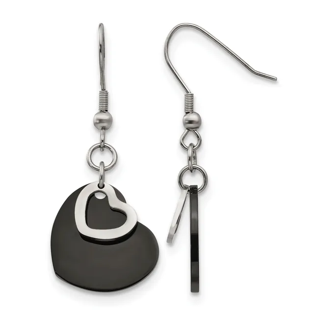 A pair of stainless steel dangle earrings with black dome-shaped pendants and silver heart-shaped overlays, shown from front and side views.