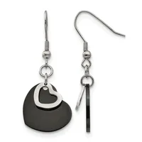 A pair of stainless steel dangle earrings with black dome-shaped pendants and silver heart-shaped overlays, shown from front and side views.