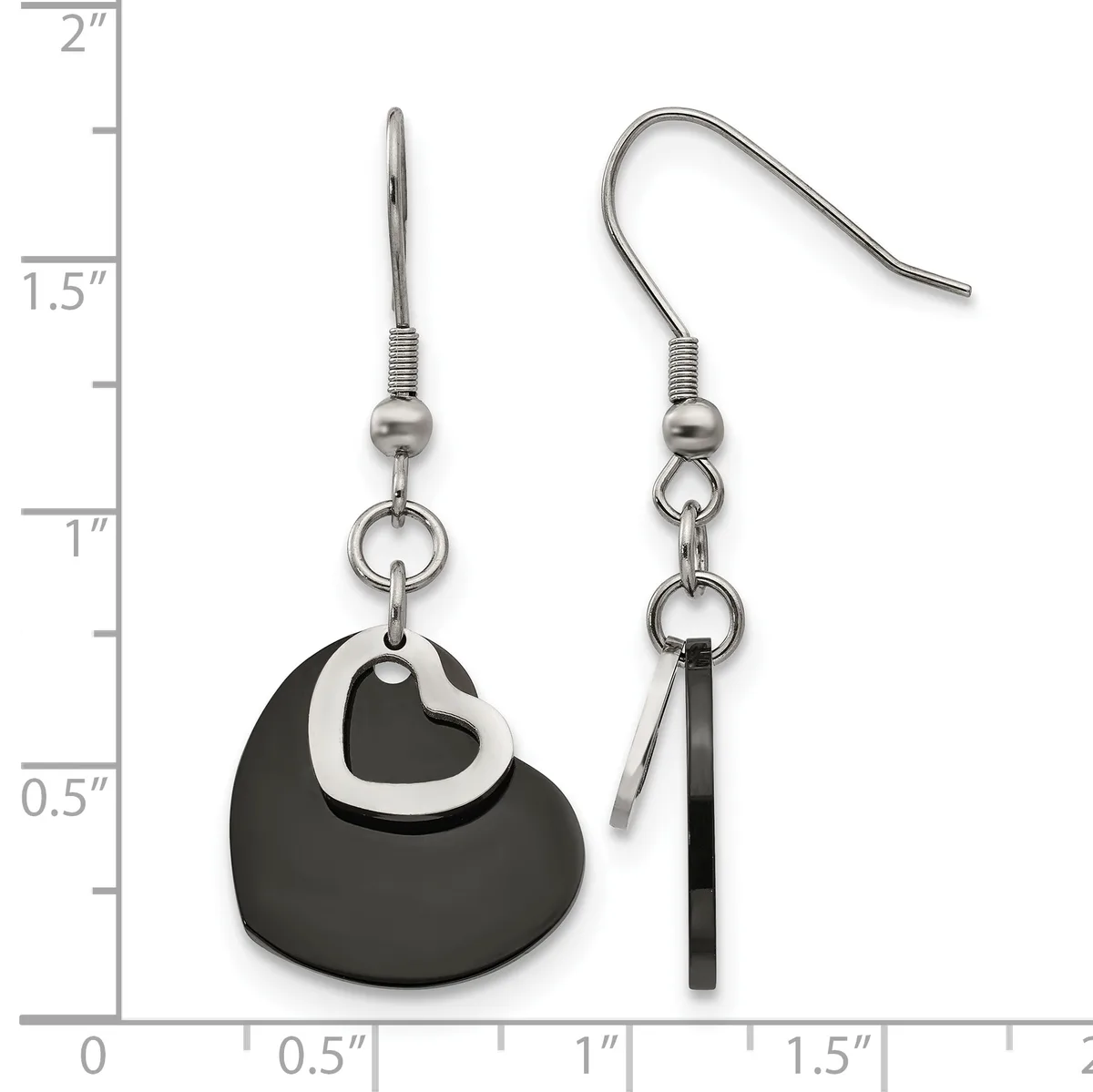 A pair of dangling earrings with stainless steel ear wires, featuring a black dome-shaped pendant with a silver heart cutout on one earring and a black rectangular bar on the other.
