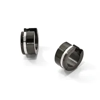 Two pairs of chunky stainless steel hoop earrings with polished and brushed finishes and small black hinged closures, shown from different angles.