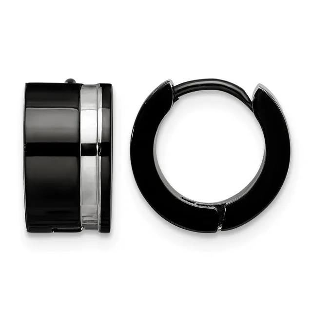 A pair of black and silver hoop earrings shown from front and side views, featuring a polished metallic stripe down the center of each hoop.