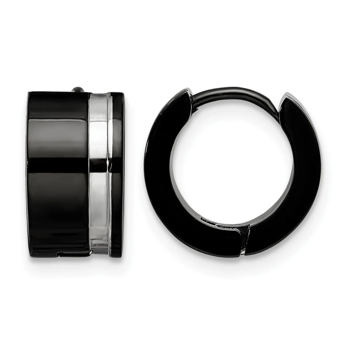 A pair of black and silver hoop earrings shown from front and side views, featuring a polished metallic stripe down the center of each hoop.