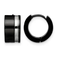 A pair of black and silver hoop earrings shown from front and side views, featuring a polished metallic stripe down the center of each hoop.