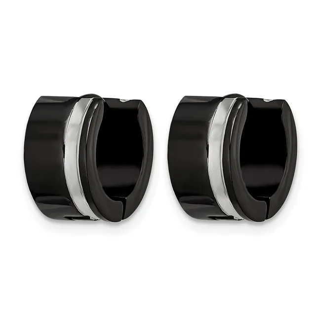A pair of black and silver-toned chunky hoop earrings with a polished finish, shown from the front against a white background.