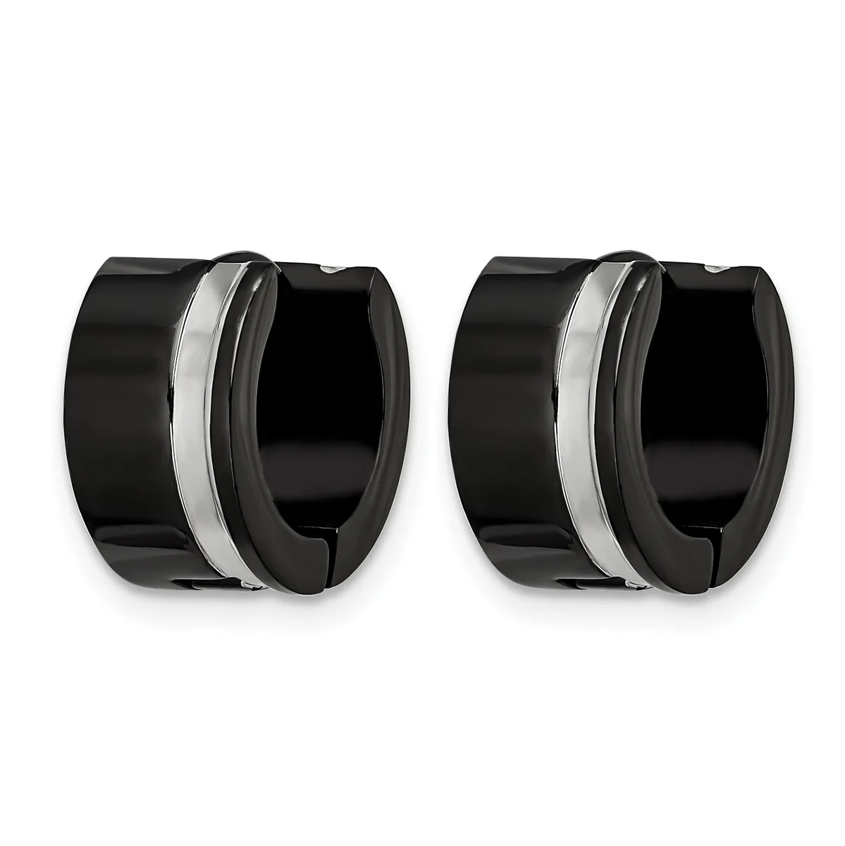 A pair of black and silver-toned chunky hoop earrings with a polished finish, shown from the front against a white background.
