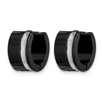 A pair of black and silver-toned chunky hoop earrings with a polished finish, shown from the front against a white background.