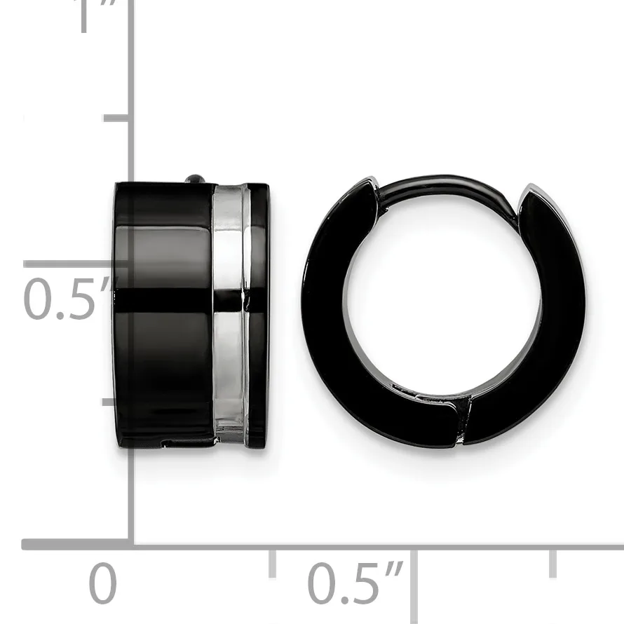Pair of black huggie-style earrings shown from side and front views against a ruler indicating approximately 0.5 inches in height.
