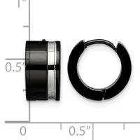 Pair of black huggie-style earrings shown from side and front views against a ruler indicating approximately 0.5 inches in height.