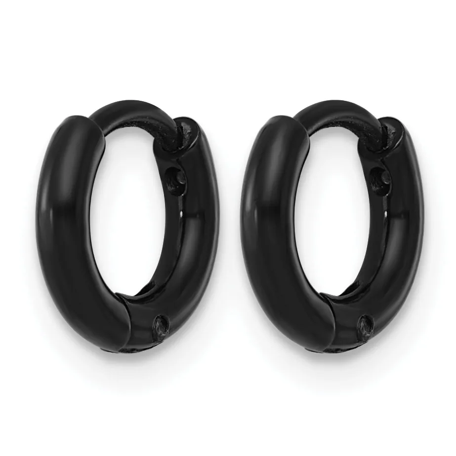 A pair of black chunky hoop earrings with a polished finish, displayed side by side against a white background.