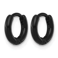 A pair of black chunky hoop earrings with a polished finish, displayed side by side against a white background.