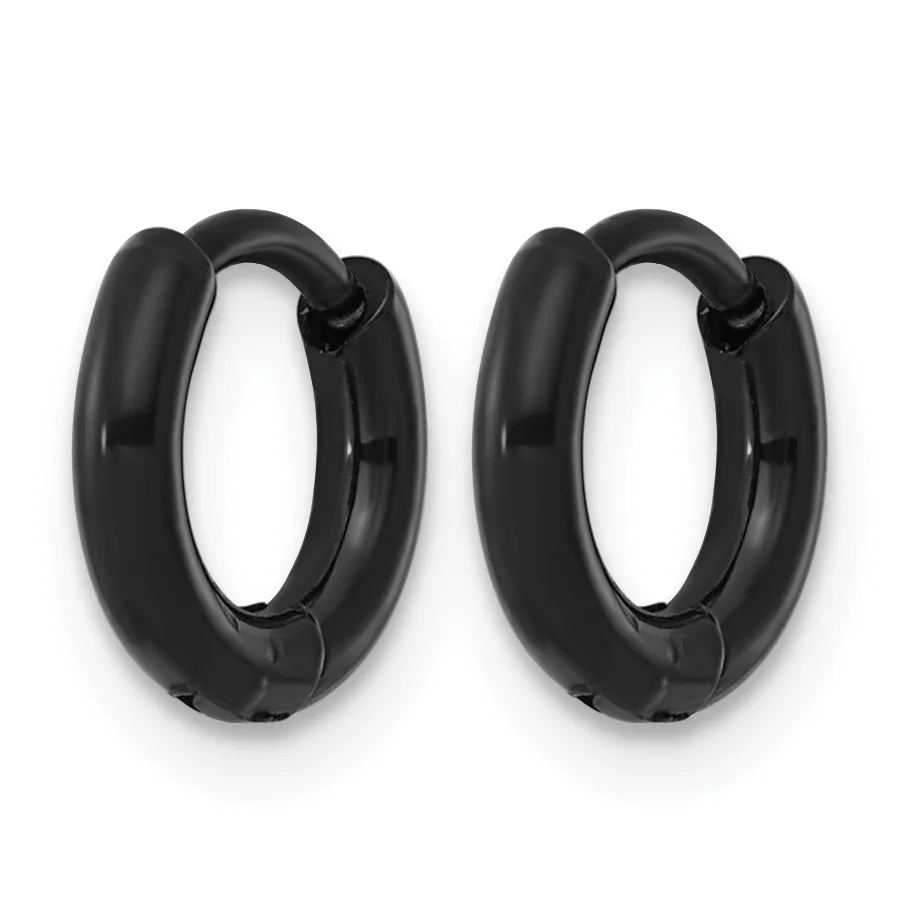 A pair of black chunky hoop earrings with a polished finish, shown from the front against a white background.