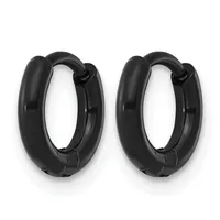 A pair of black chunky hoop earrings with a polished finish, shown from the front against a white background.