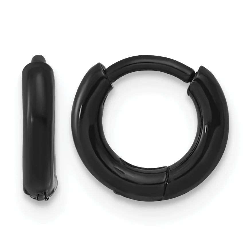 Pair of black huggie hoop earrings displayed against a white background, shown from the front and side.
