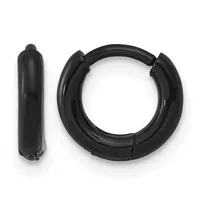 Pair of black huggie hoop earrings displayed against a white background, shown from the front and side.