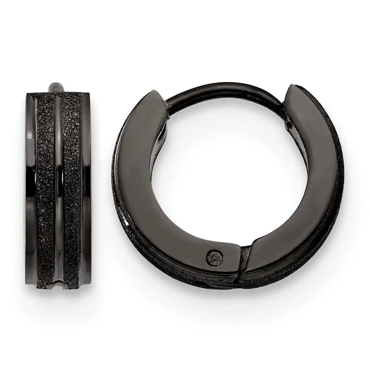 Black textured hoop earrings shown from two angles displaying the chunky cylindrical design with a glittery or sparkly finish throughout.