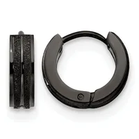Black textured hoop earrings shown from two angles displaying the chunky cylindrical design with a glittery or sparkly finish throughout.