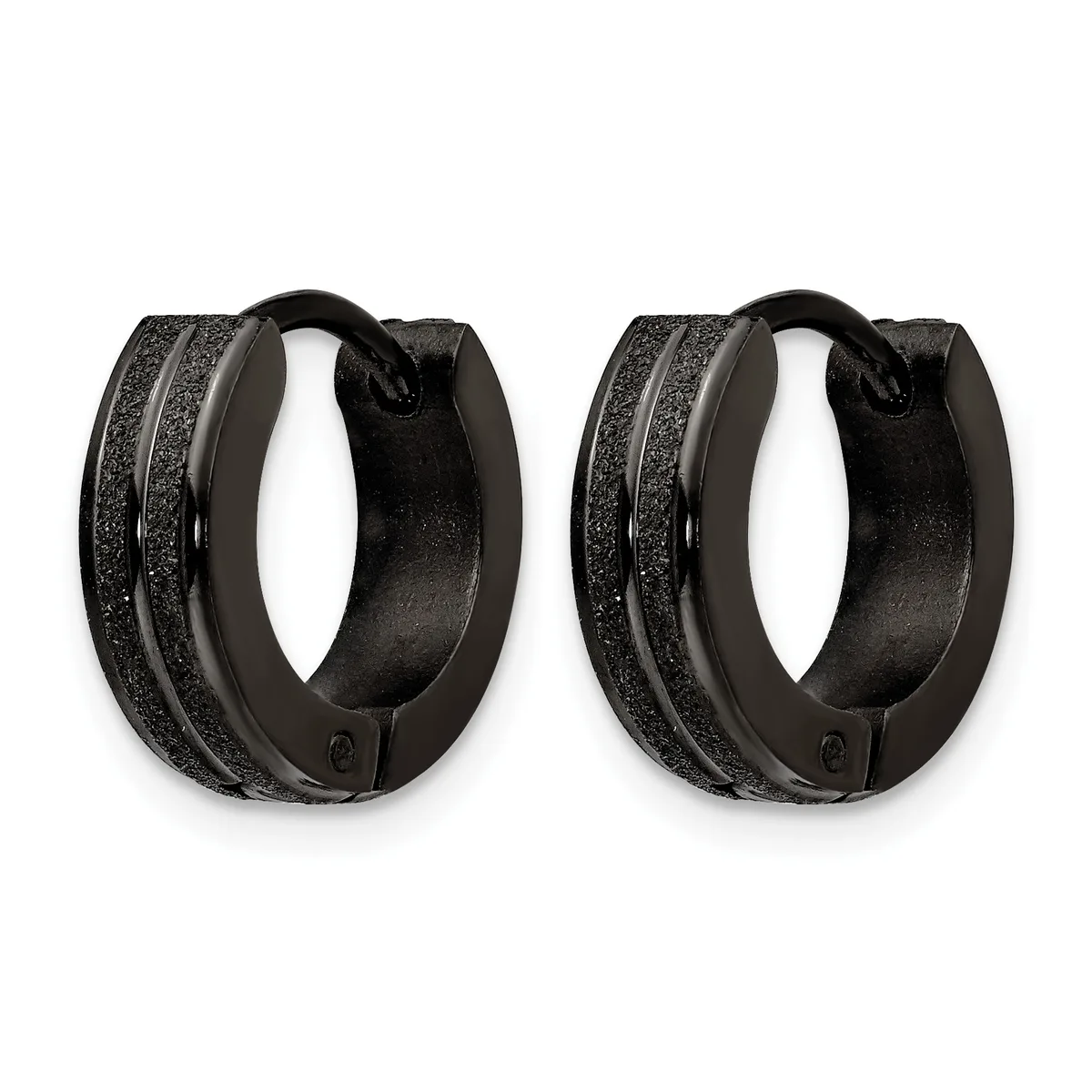 A pair of black textured hoop earrings with a brushed metallic finish and a small hinged clasp closure, displayed side by side.