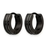 A pair of black textured hoop earrings with a brushed metallic finish and a small hinged clasp closure, displayed side by side.