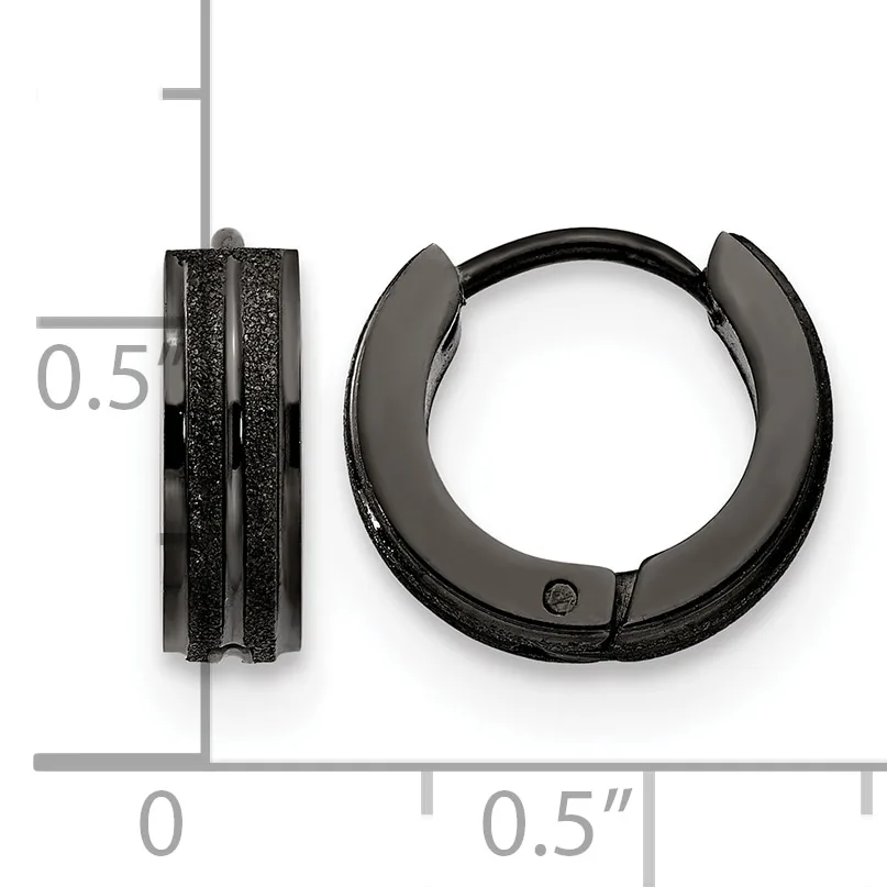 Two black textured huggie earrings shown front and side view against a measurement scale, approximately 0.5 inches in diameter.