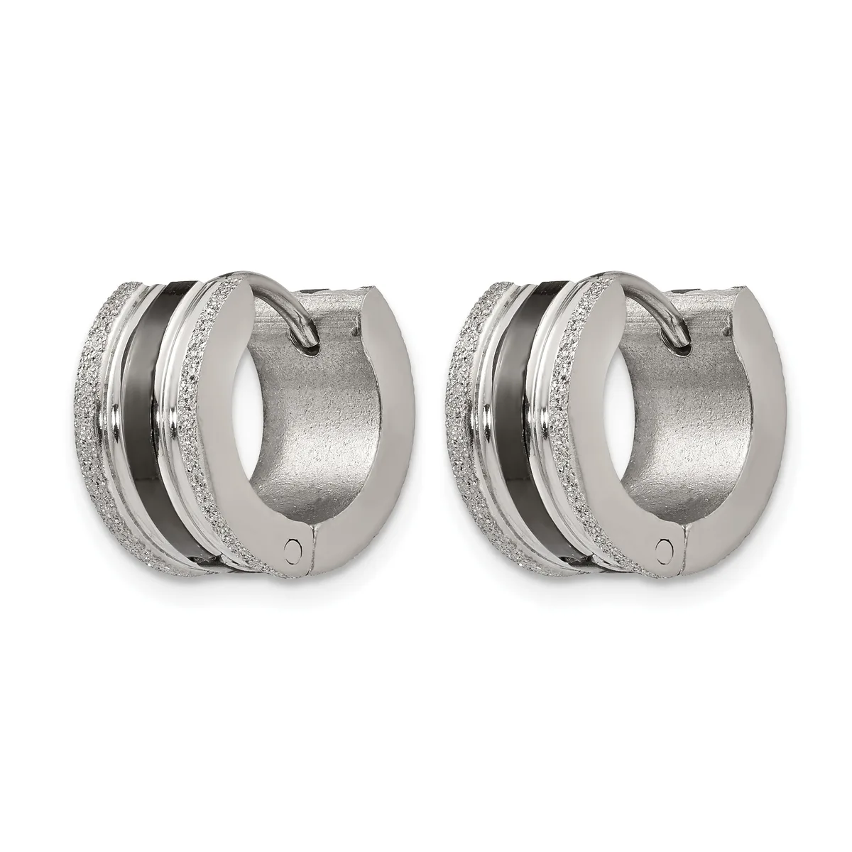 A pair of silver-toned chunky hoop earrings with textured surfaces and a black stripe detail running through the center of each hoop.