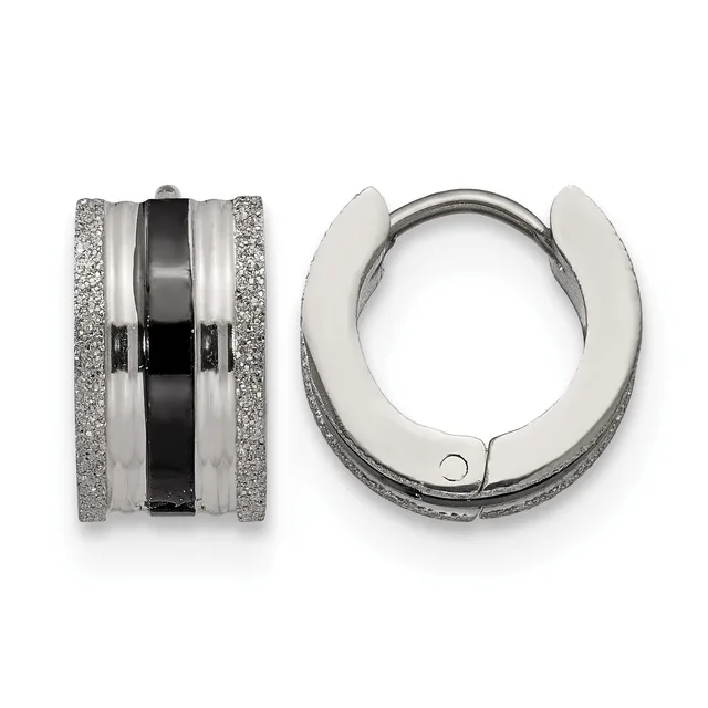 Two silver hoop earrings with textured surfaces and a black enamel stripe running through the center, shown from front and side views.