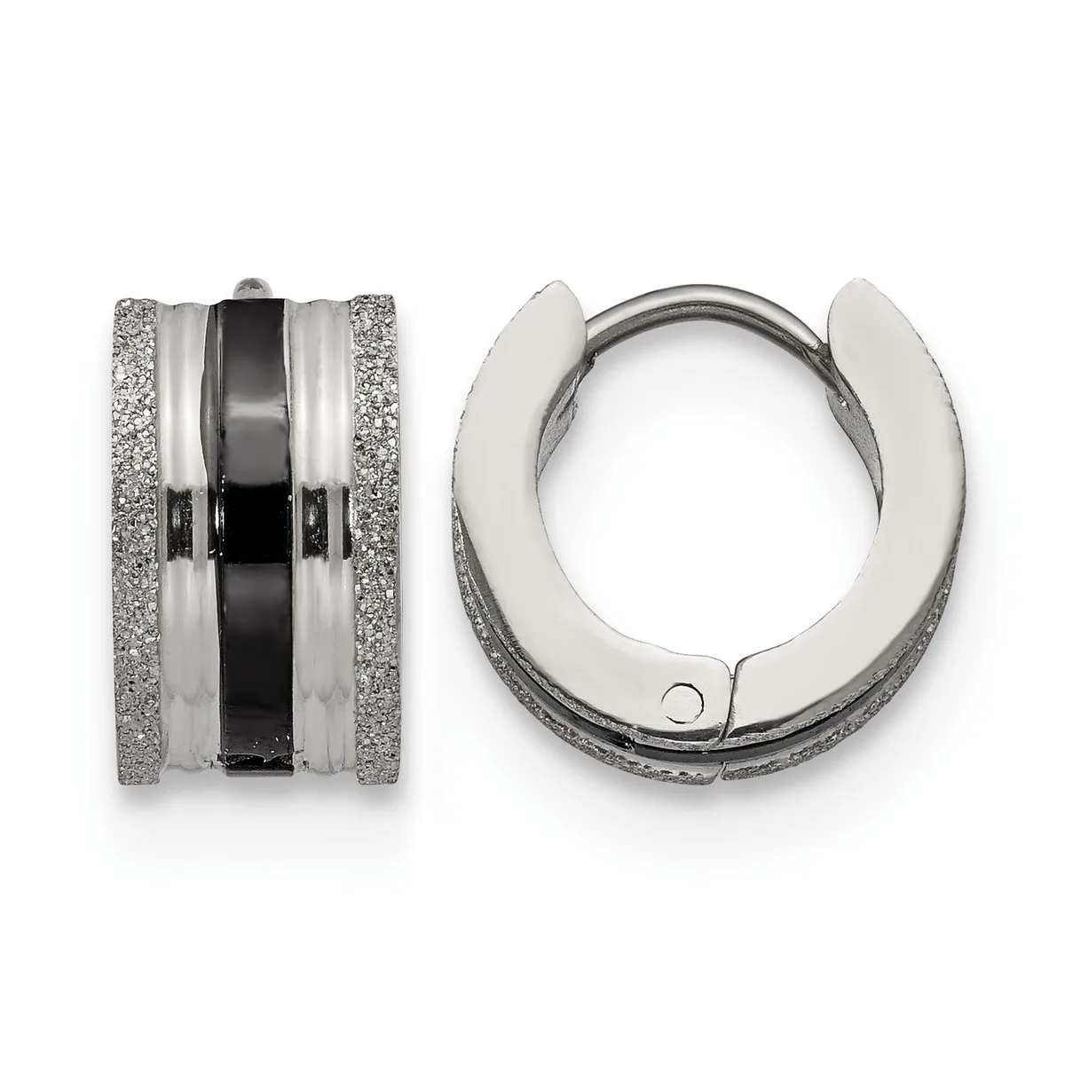 Two silver hoop earrings with textured surfaces and a black enamel stripe running through the center, shown from front and side views.