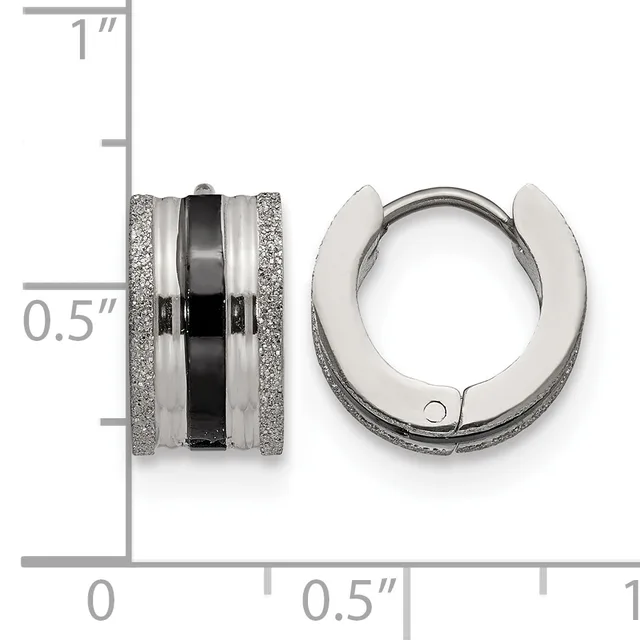 Two silver-tone metal huggie hoop earrings with textured glitter finish sides and a polished black center band, shown front and side view with a measurement scale indicating approximately 0.5 inches in diameter.