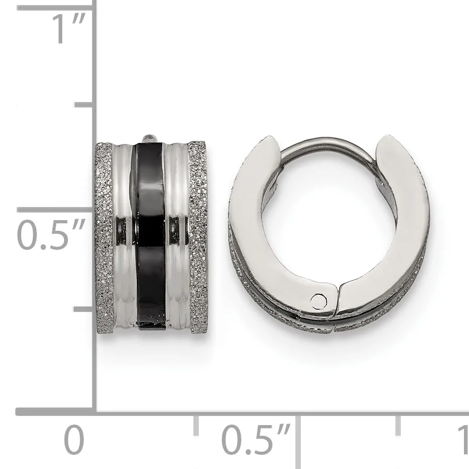 Two silver-tone metal huggie hoop earrings with textured glitter finish sides and a polished black center band, shown front and side view with a measurement scale indicating approximately 0.5 inches in diameter.