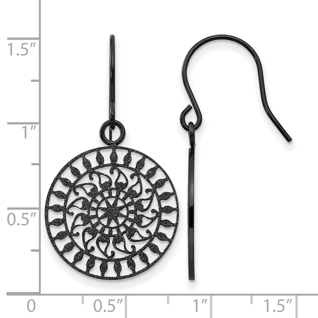 Black filigree circular pendant earrings with ornate spiral and geometric patterns, shown next to a ruler measuring approximately one inch in diameter.