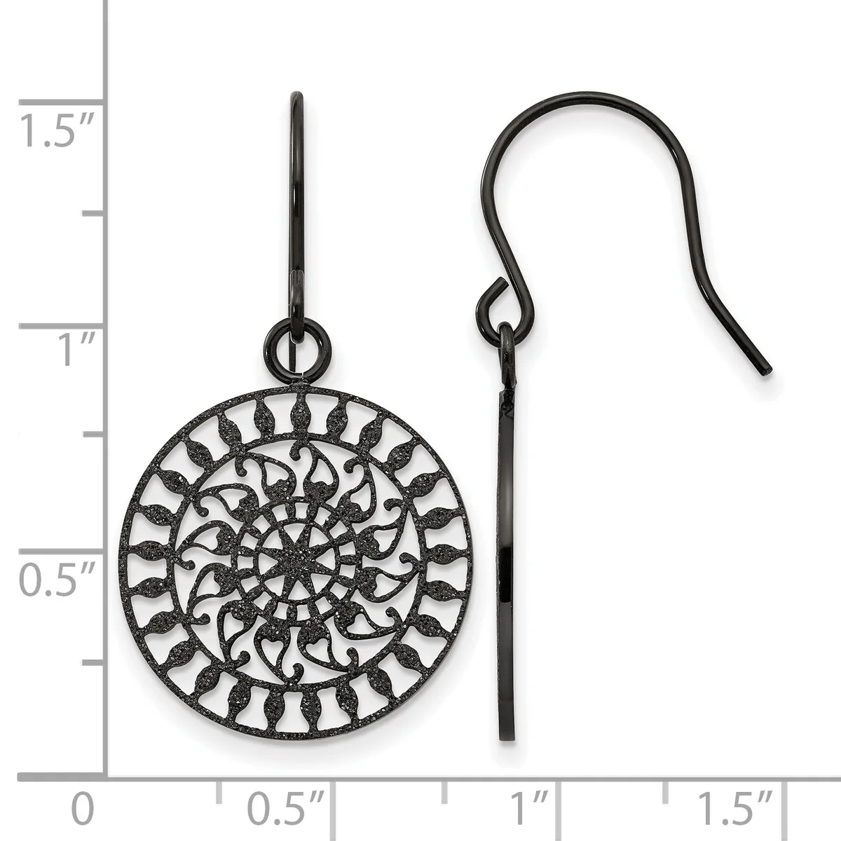 Black filigree circular pendant earrings with ornate spiral and geometric patterns, shown next to a ruler measuring approximately one inch in diameter.