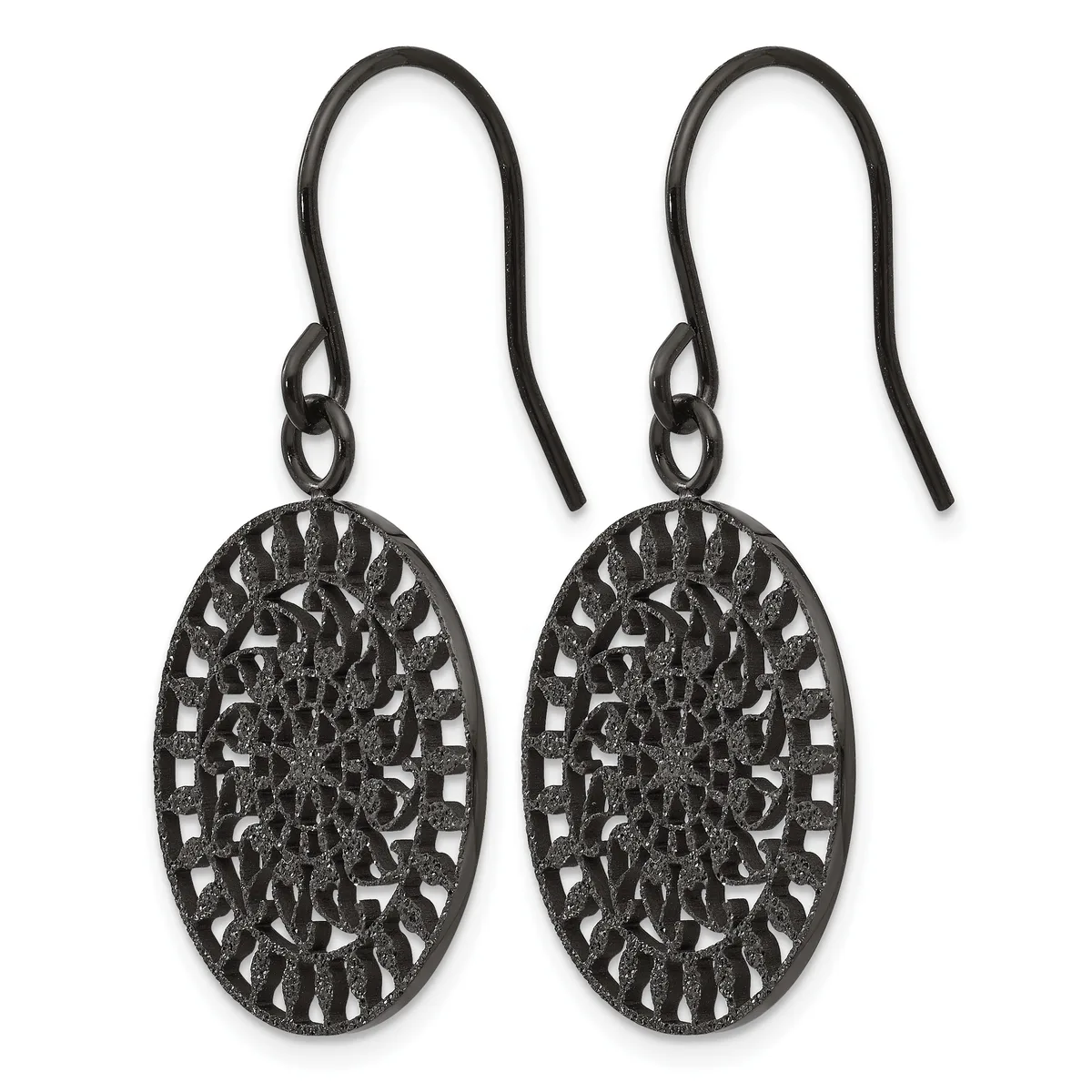 A pair of black oxidized silver oval filigree earrings with fish hook ear wires, featuring intricate openwork patterns with crescent and geometric designs throughout.