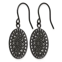 A pair of black oxidized silver oval filigree earrings with fish hook ear wires, featuring intricate openwork patterns with crescent and geometric designs throughout.