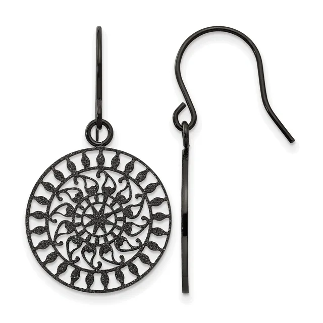 A pair of black metal dangle earrings with intricate spiral filigree circular pendants suspended from shepherd's hook ear wires.