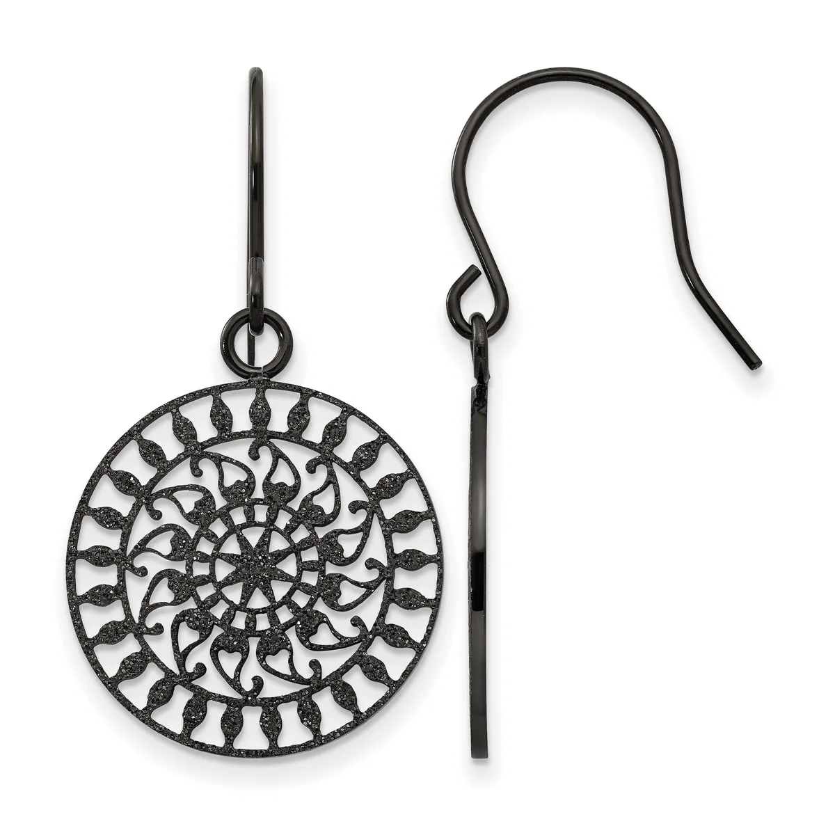A pair of black metal dangle earrings with intricate spiral filigree circular pendants suspended from shepherd's hook ear wires.