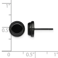A pair of black stud earrings with circular faces and short posts, shown next to a ruler displaying measurements up to one inch.