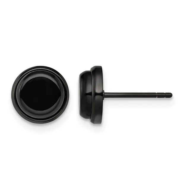 Pair of black stud earrings with round bezels shown from front and side views, each featuring a post and backing.