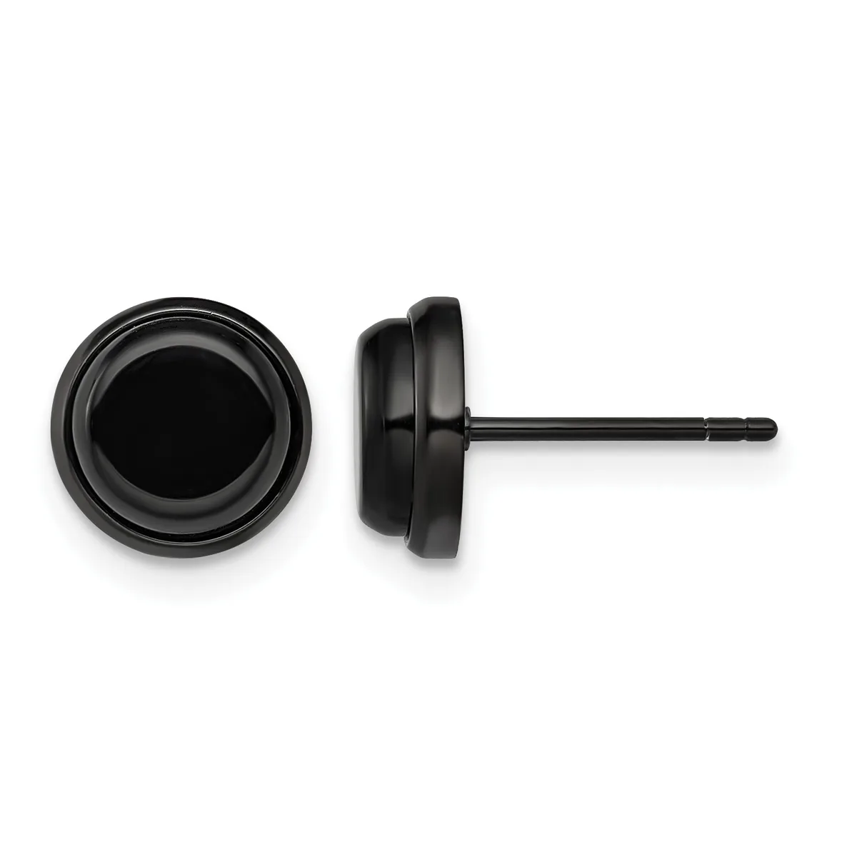 Pair of black stud earrings with round bezels shown from front and side views, each featuring a post and backing.