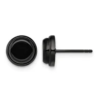 Pair of black stud earrings with round bezels shown from front and side views, each featuring a post and backing.
