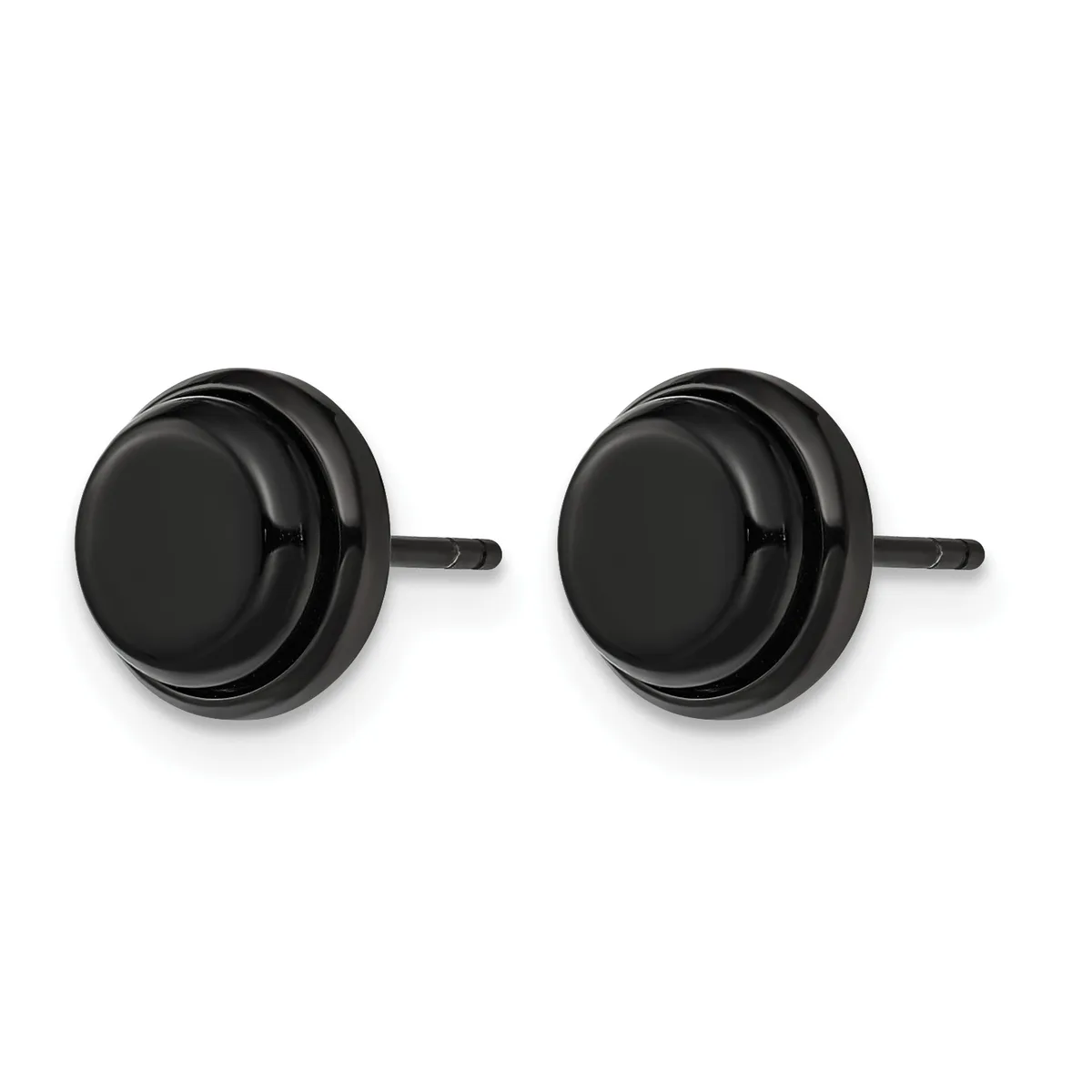 A pair of black polished stud earrings with round flat faces and small post backs, displayed against a white background.