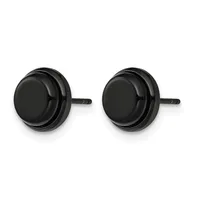 A pair of black polished stud earrings with round flat faces and small post backs, displayed against a white background.