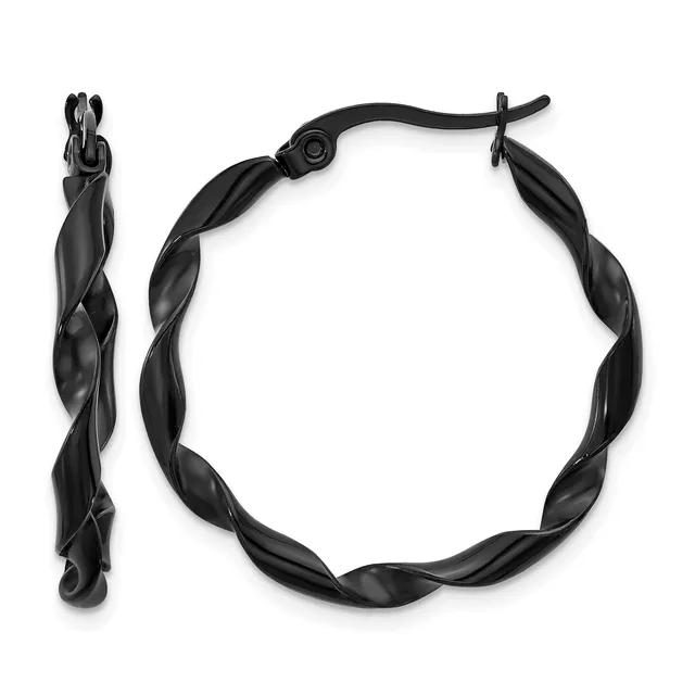 A pair of black twisted hoop earrings shown from front and side views, featuring a spiral design with a hinged post closure.