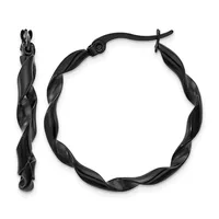 A pair of black twisted hoop earrings shown from front and side views, featuring a spiral design with a hinged post closure.