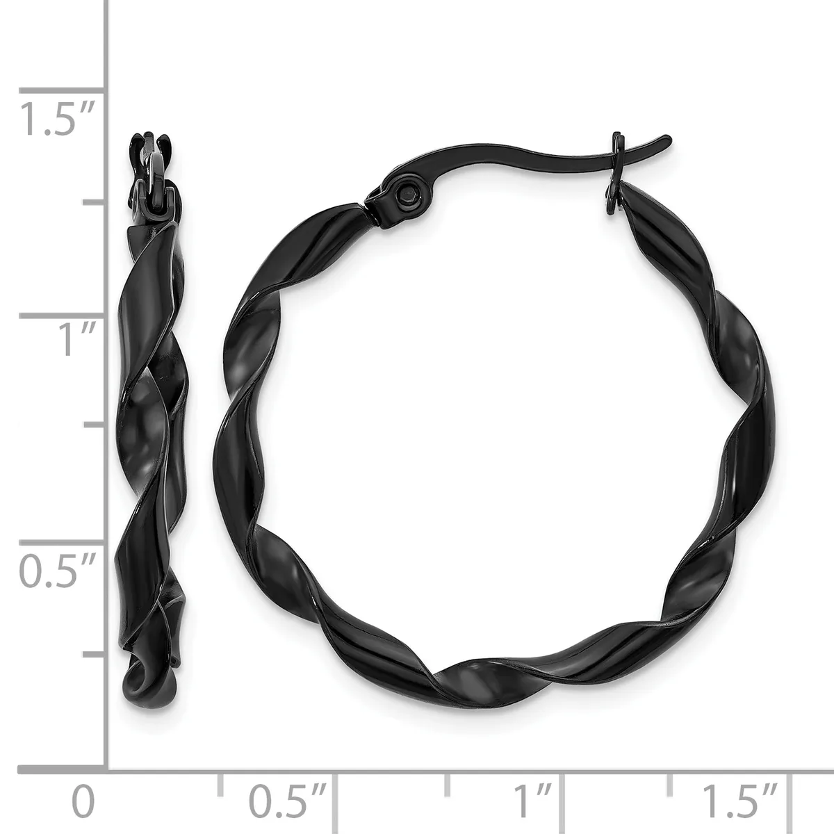 Black twisted hoop earrings with a measurement scale showing approximately 1.5 inches in length.