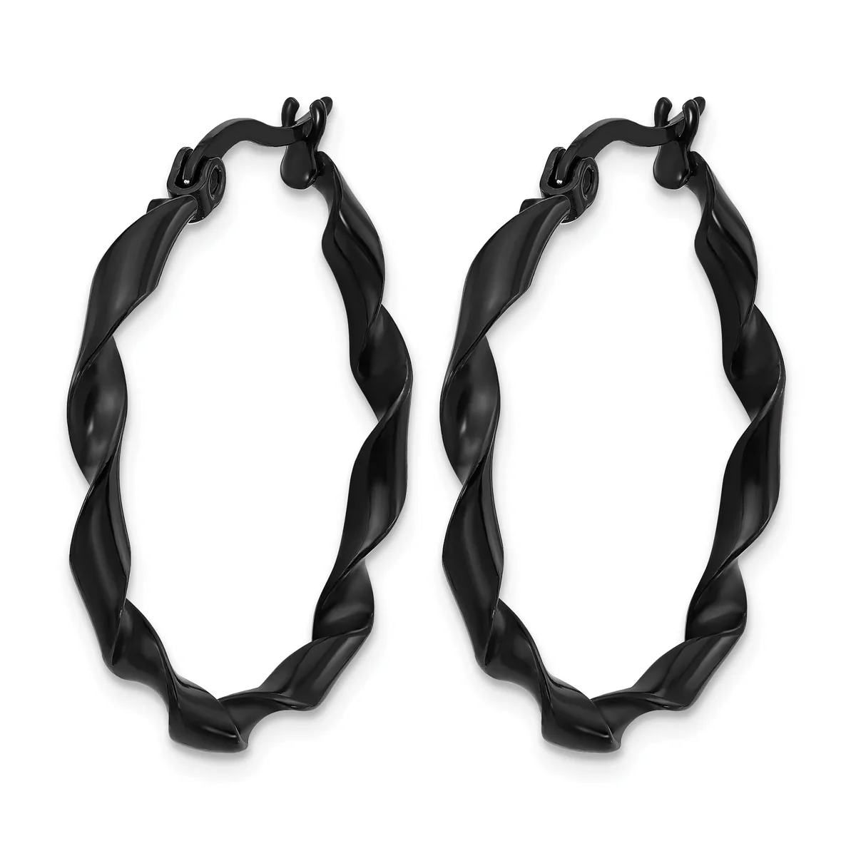 A pair of black twisted hoop earrings with clip-on closures, displayed against a white background.