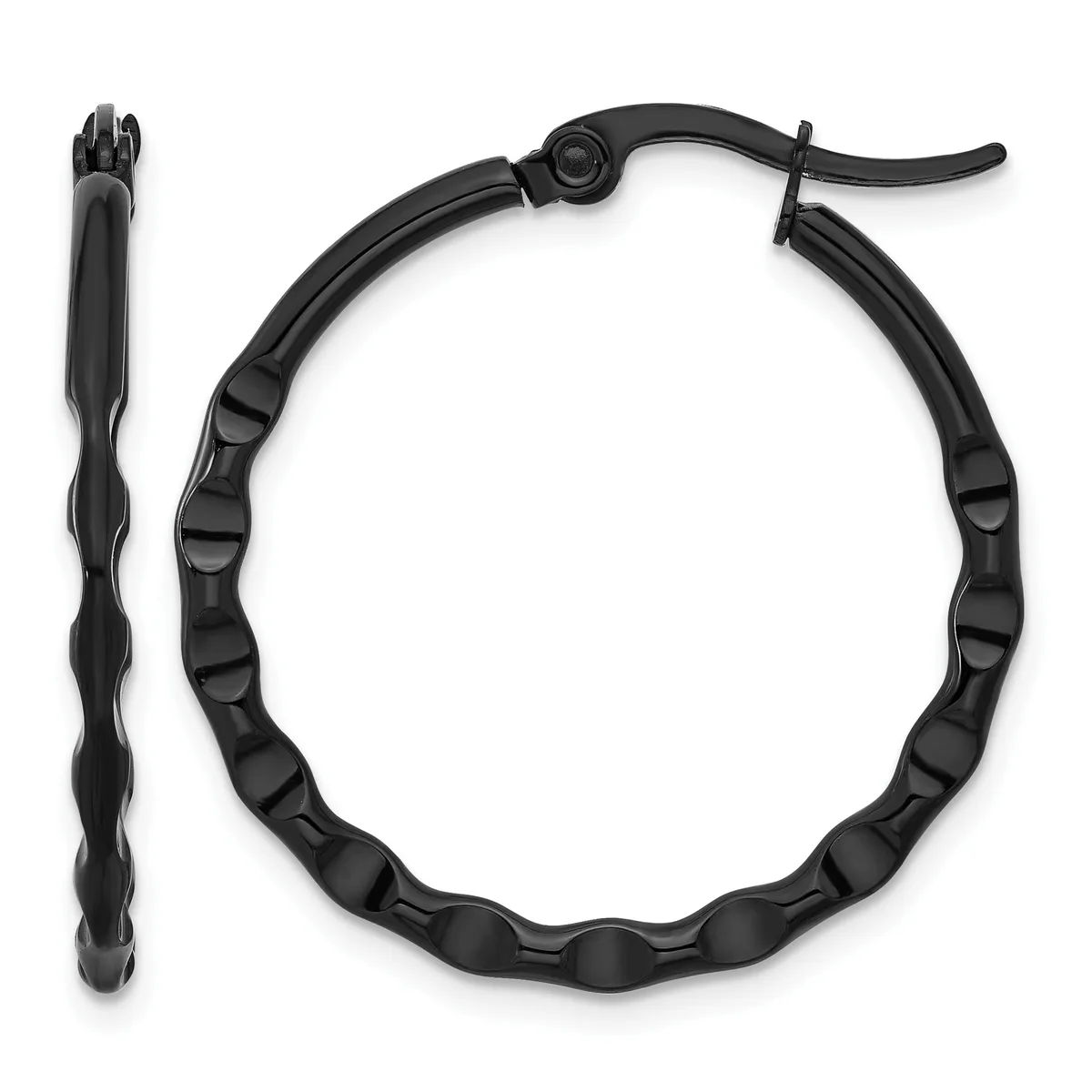 A pair of black textured hoop earrings displayed side by side, showing the front and side profile of the segmented design with a post and clutch closure.